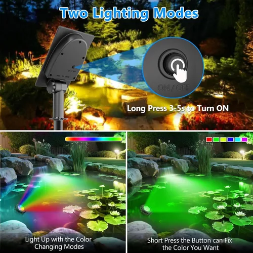 Miniatura 3 de T-SUN Luces solares para estanque, 2 focos LED RGB, luces sumergibles bajo el agua, luz solar para tanque de peces para fuente de jardín, estanque