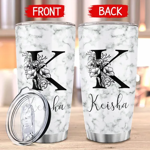 Miniatura 6 de Vaso de café de acero inoxidable personalizado con inicial y nombre, taza de café con monograma floral para niña, vaso de viaje de acero inoxidable