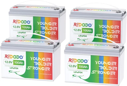 Redodo Paquete de 4 baterías LiFePO4 de 12 V 100 Ah, baterías de ciclo profundo con BMS de 100 A, baterías del grupo 31 para 10 años de vida útil,
