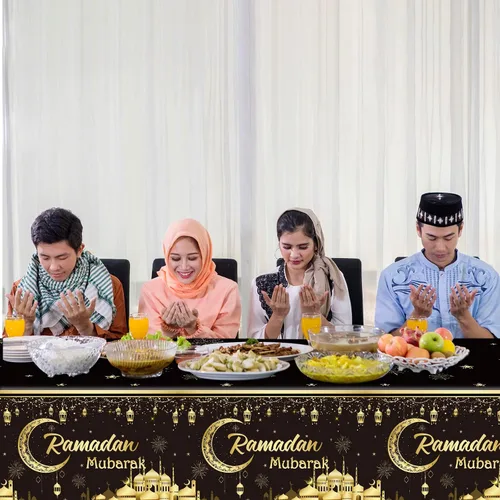 Miniatura 5 de 1 Manteles Ramadán Mubarak Eid Mubarak Decoraciones de Mesa Ramadán Kareem Suministros de Fiesta Negro y Dorado Cubierta de Mesa Rectangular