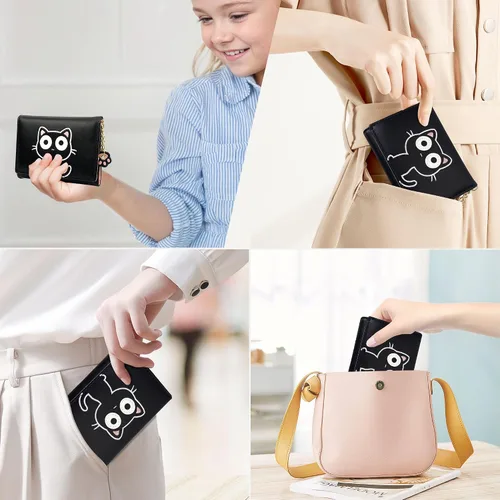 Miniatura 75 de CONISY Lindas carteras para mujer, de cuero con bloqueo RFID, pequeña cartera triple con ventana de identificación para niñas y mujeres