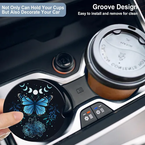 Miniatura 3 de Posavasos para Taza de Automóvil Mariposa Signo Místico Abstracto Azul Posavasos de Automóvil para Portavasos Universal Antideslizante Cerámica