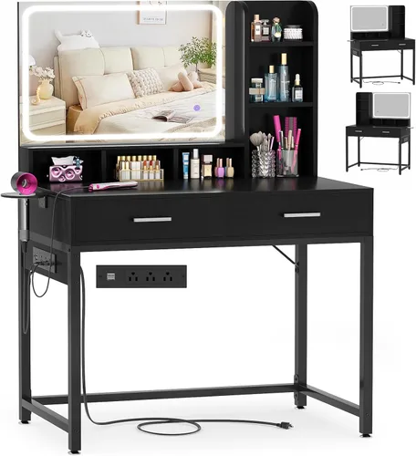 Escritorio de tocador pequeño, escritorio de tocador con espejo y luces, escritorios de maquillaje con regleta eléctrica, mesa de tocador con