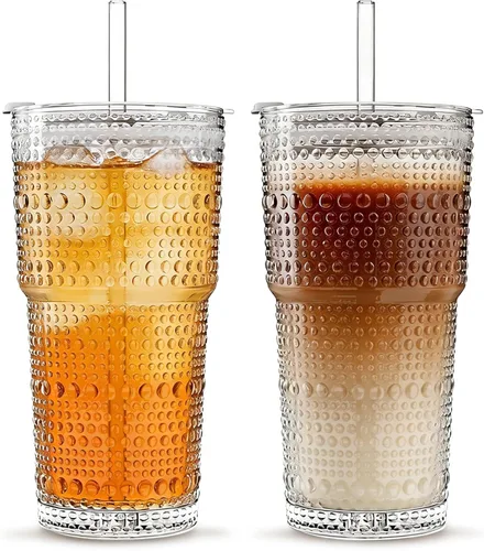 INSETLAN Vasos de vidrio de hobnail de 20 onzas con tapas y pajitas de vidrio, 2 piezas, vasos de vidrio de pared gruesa para café helado, batidos,