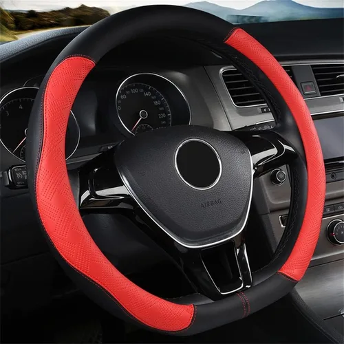Miniatura 7 de Funda para volante en forma de D, universal de cuero de microfibra transpirable con fondo plano en estilo deportivo, 15 pulgadas/38 cm, negro