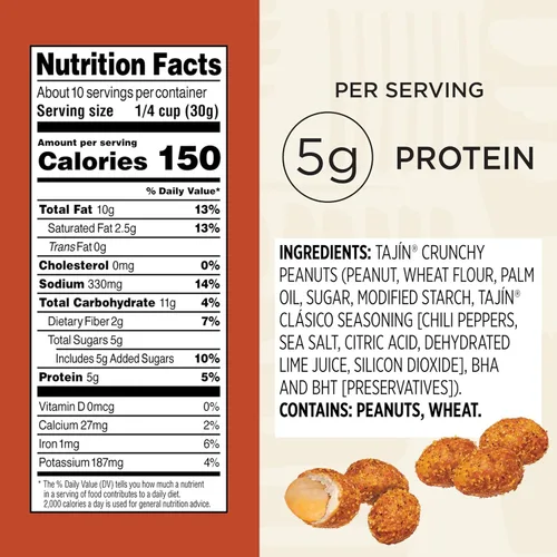 Miniatura 2 de Snak Club Tajin - Cacahuetes crujientes, nueces con chile y condimento de lima, suave, sin colores ni sabores artificiales, bolsa resellable de 10.5