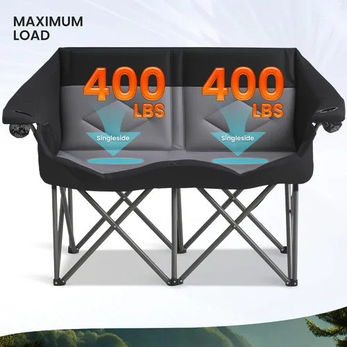 Miniatura 3 de Silla plegable doble de camping para 2 personas, resistente y de gran tamaño, soporta 800 libras con portavasos y bolsillo lateral para campamento