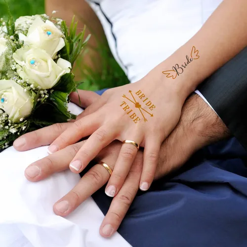 Miniatura 8 de 6 hojas de tatuajes temporales dorados y plateados para mujeres y hombres, calcomanías metálicas para despedidas de soltera, despedidas de soltera