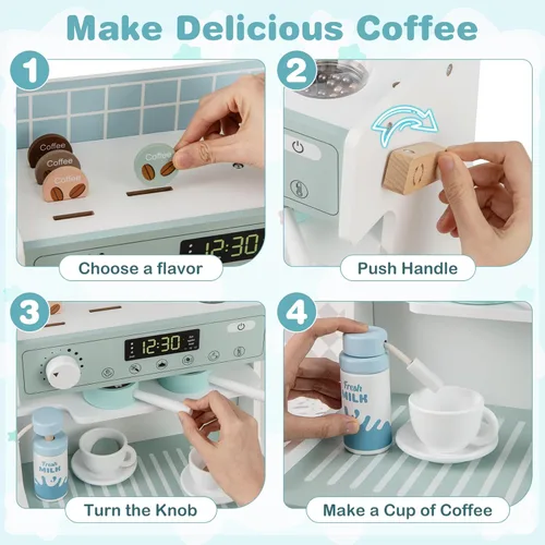 Miniatura 2 de INFANS Juego de cocina para niños, juego de cocina de madera para niños pequeños, juego de juguetes de cocina con cafetera, máquina de hielo, Azul