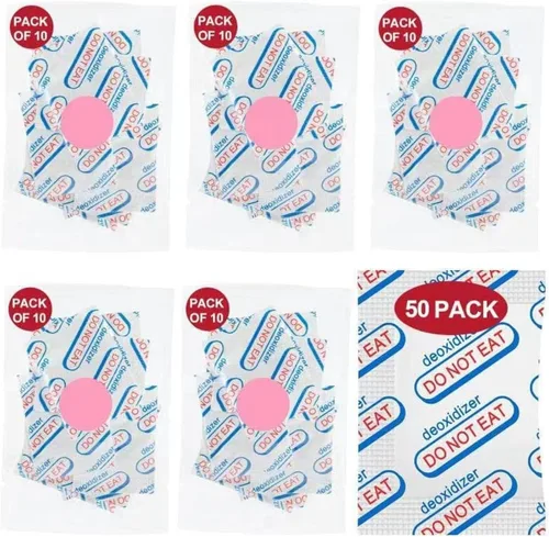 50 paquetes de absorbentes de oxígeno de grado alimenticio de 500 CC (10 paquetes en bolsa de vacío individual, 5 paquetes de 10, absorbentes de