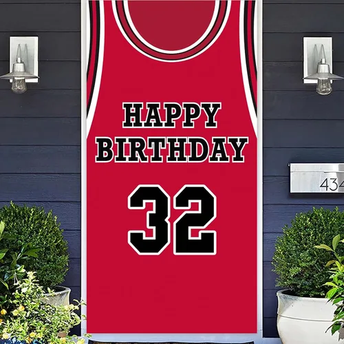 Cartel de feliz cumpleaños 32, telón de fondo rojo de baloncesto estrella, decoración temática deportiva para hombre y niño, suministros de fiesta
