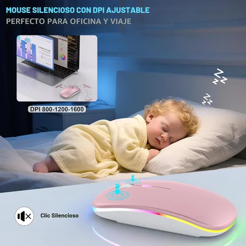Miniatura 6 de Mouse inalámbrico LED Bluetooth para MacBook Air Mac Pro Laptop iPad – Ratón óptico recargable con luz silenciosa con Jiggler Dual Mode BT5.2 y Rosa