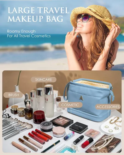 Miniatura 2 de Regalos para mujer, bolsa de maquillaje grande con inicial, artículos esenciales de viaje, bolsa de cosméticos personalizada de doble capa