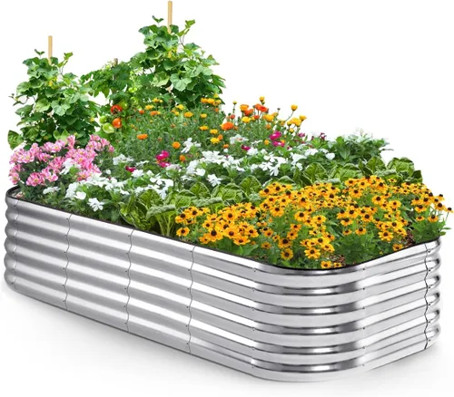 Miniatura 20 de Quictent - Juego de caja de maceta de jardín galvanizado elevada, 6x3x1 pies Caja de maceta de metal ovalada para verduras, Gris oscuro