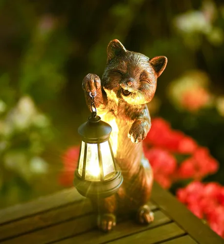 Estatua de jardín para gatos al aire libre: decoración solar de jardín con linterna LED, decoración de patio, césped, regalos para amantes de los