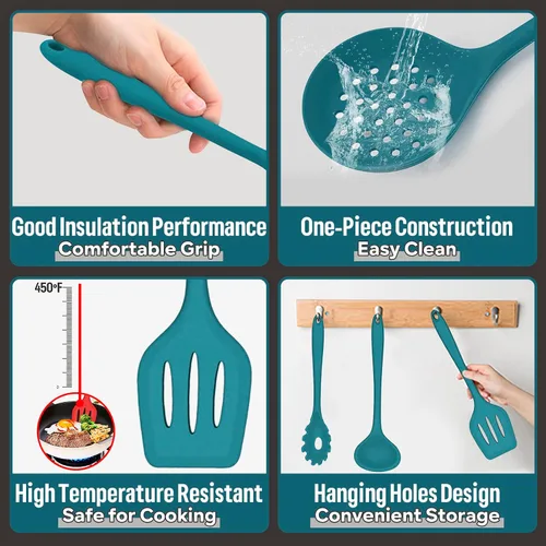 Miniatura 3 de Juego de utensilios de cocina de silicona, E-far 23 piezas de utensilios de cocina azules con soporte para utensilios de cocina antiadherentes
