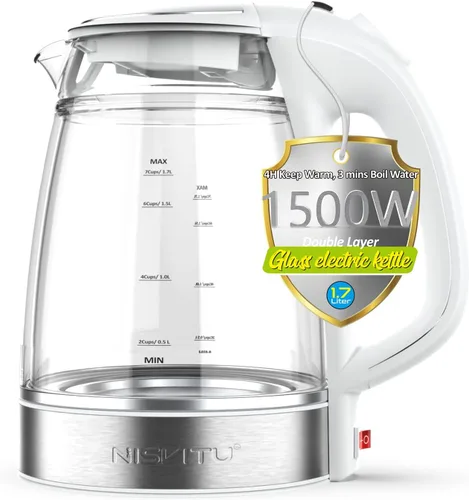 Miniatura 9 de NISVITU Hervidor eléctrico inalámbrico de vidrio y acero inoxidable para hervir agua, hervidor de agua caliente Hervidor eléctrico de té con apagado