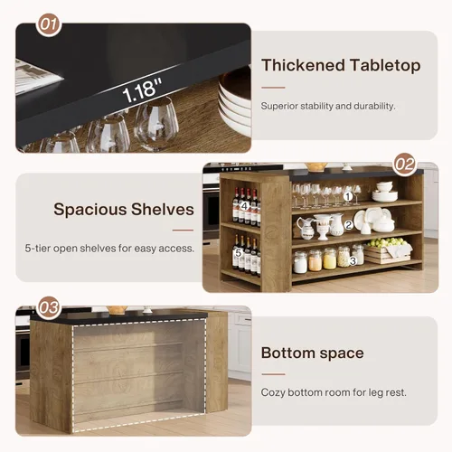 Miniatura 6 de Tribesigns Isla de cocina de 55 pulgadas con almacenamiento, mesa de isla estacionaria estilo granja de 5 niveles con 5 estantes, mesa de barra