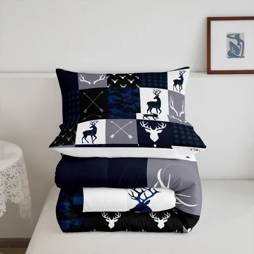 Miniatura 203 de Juego de edredón de cuernos de ciervo tamaño individual, juego de ropa de cama rústica de granja con huellas de oso y pinos para decoración