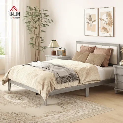 Miniatura 3 de HOMCOM Base de cama de tamaño matrimonial con cabecera tapizada, marco de cama de plataforma con listones de madera, no necesita somier, fácil