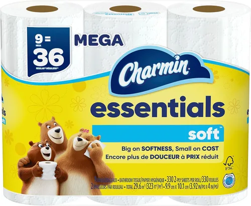 Charmin Essentials - Papel higiénico suave, 9 mega rollos = 36 rollos regulares