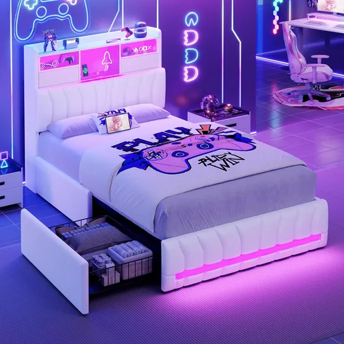 Miniatura 11 de DICTAC Estructuras de Cama Gemela con Cabecera de Almacenamiento y 2 Cajones Grandes, Cama Gaming con Luces RGB y Estación de Carga, Cama