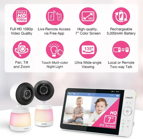 Miniatura 2 de VTech Smart WiFi Baby Monitor, 2 cámaras para gemelos y dos habitaciones – Pantalla dividida de 7 pulgadas, sensor 2K, visión gran angular