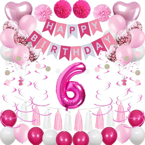 Miniatura 12 de Decoraciones de 4º cumpleaños para niñas, globos de feliz cumpleaños rosa y blanco con el número 4, suministros para fiesta de cumpleaños