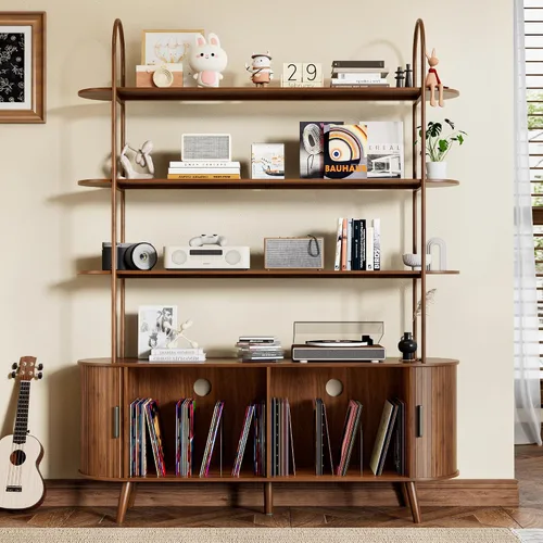 Miniatura 10 de Soporte Alto para Tocadiscos de Vinilo, Estantería de 4 Niveles con Puertas Corredizas, Gabinete Retro Pequeño para Almacenamiento de Discos