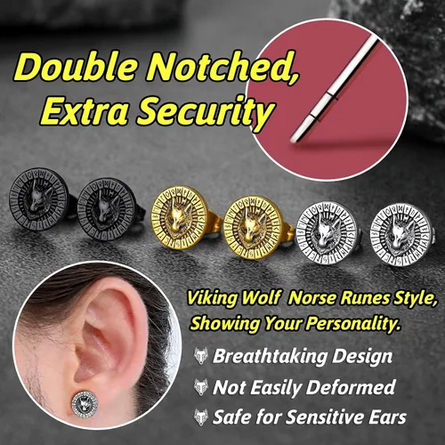 Miniatura 3 de FaithHeart Aretes de tuerca vikingos nórdicos para hombres y mujeres, de acero inoxidable, con diseño de valknutbrújulanudo celtacabeza de lobo