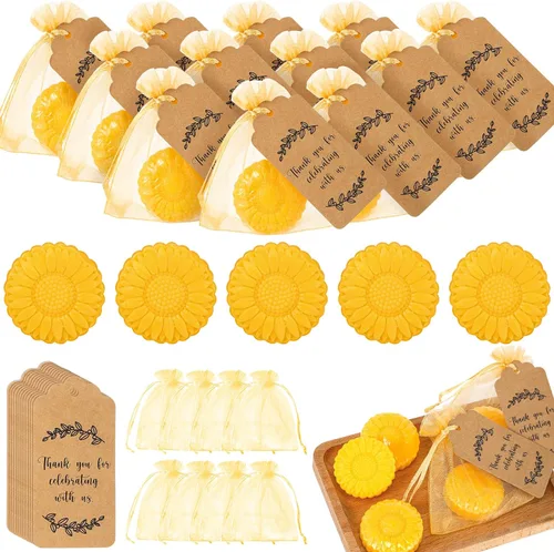 Demissle Juego de 50 recuerdos de fiesta de boda, regalos de jabón de girasol para invitados con etiqueta de agradecimiento, bolsas de regalo de