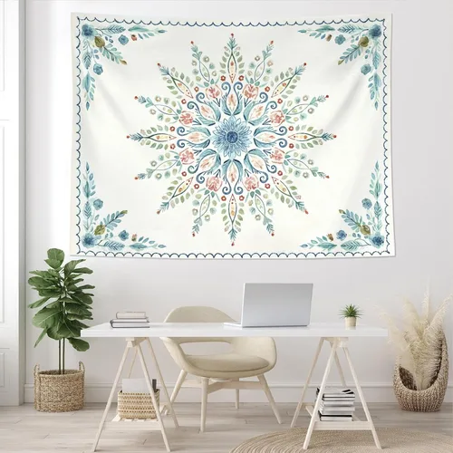 Miniatura 5 de Accnicc Tapiz bohemio con mandala floral para dormitorio, tapiz de pared con flores bohemias, pequeño, acuarela, azul, blanco, hippie, indio