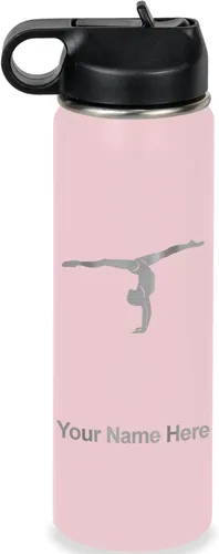 Miniatura 28 de LaserGram Botella de agua personalizada, gimnasta niña, acero inoxidable de doble pared aislada al vacío con popote superior, regalo grabado Azul
