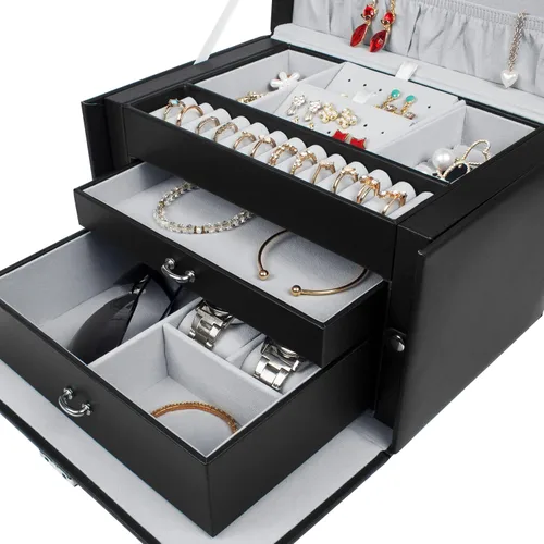 Miniatura 3 de GUKA Joyero para mujer joyero con 2 cajones diseño de cuero con cerradura con espejo estuche de viaje para collares aretes anillos relojes estuche