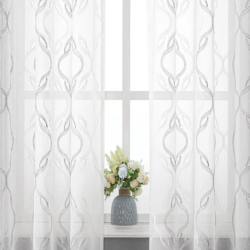 Miniatura 29 de VISIONTEX Cortinas traslúcidas blancas de 63 pulgadas de largo, juego de 2 paneles de bordado marroquí con puntos beige, tela de gasa bordada