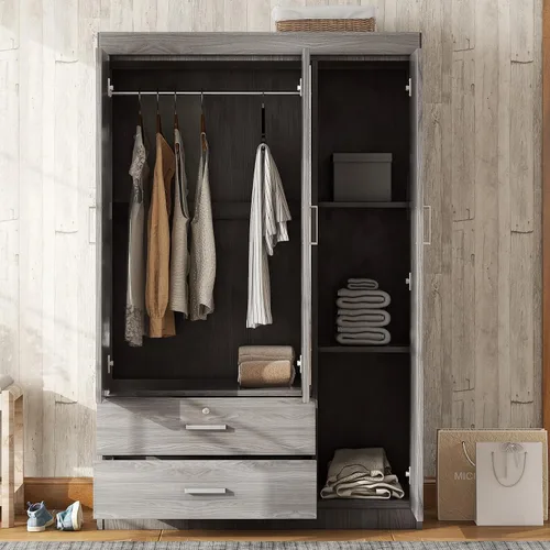 Miniatura 3 de Armario de madera de 68.2 pulgadas de alto con espejo, moderno armario independiente de madera con 3 puertas y cajones de bloqueo, armario