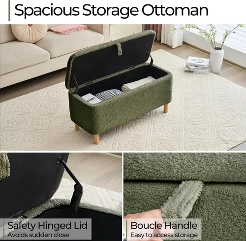 Miniatura 5 de Banco otomano de almacenamiento Boucle para dormitorio al pie de la cama, asiento tapizado en sherpa con almacenamiento para zapatos para entrada