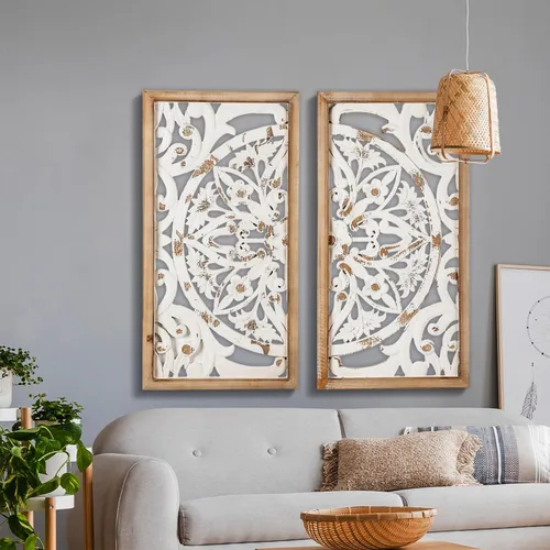 Miniatura 6 de XIAOAIKA Arte de Pared Tallado Boho, Paneles Blancos Envejecidos Antiguos de 31.5 Pulgadas, Escultura Decorativa Tallada a Mano para Sala de Estar