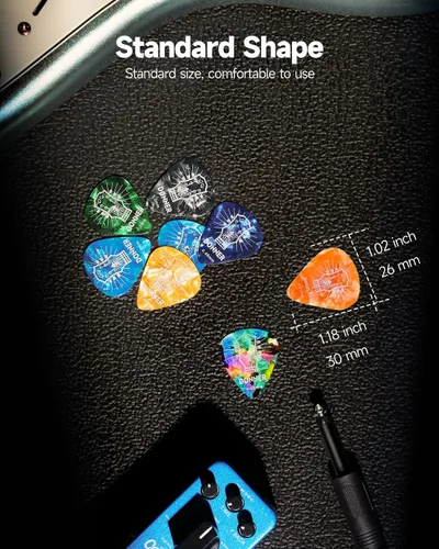 Miniatura 3 de Donner Paquete de 16 púas de guitarra para guitarra acústica, guitarra eléctrica, ukelele, incluye púas delgadas, medias, pesadas y extra pesadas