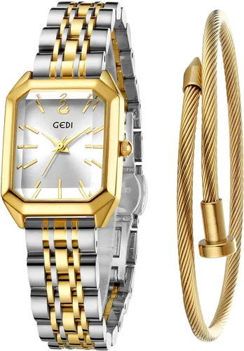 Miniatura 9 de FANMIS Juego de reloj de pulsera y brazalete para mujer en tono dorado, reloj de vestir casual simple con esfera cuadrada, correa sólida de acero