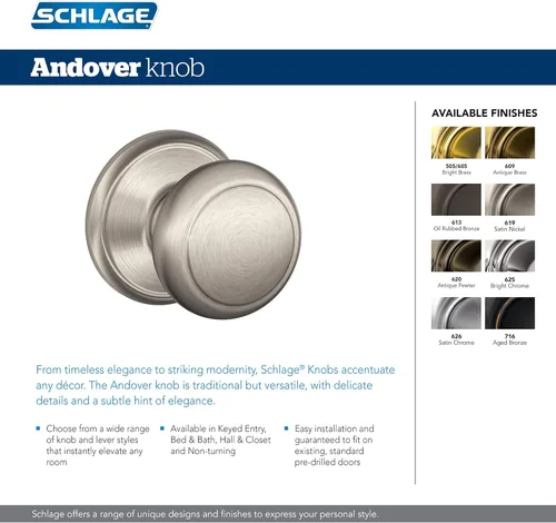 Miniatura 3 de Schlage F10 AND 716 ADD - Pomo Andover con moldura Addison, cerradura de paso para pasillos y armarios, bronce envejecido