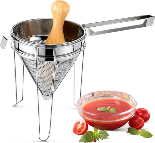 Feekoon Colador chino de acero inoxidable con soporte y juego de maja de madera, colador tipo gorro chino para tomate, baya, fruta, huevo, sopa y