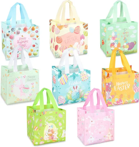 PARSUP 8 bolsas de Pascua con diseño de conejo, zanahoria, huevos de gallina, bolsas no tejidas con asas para envolver regalos, caza de huevos,