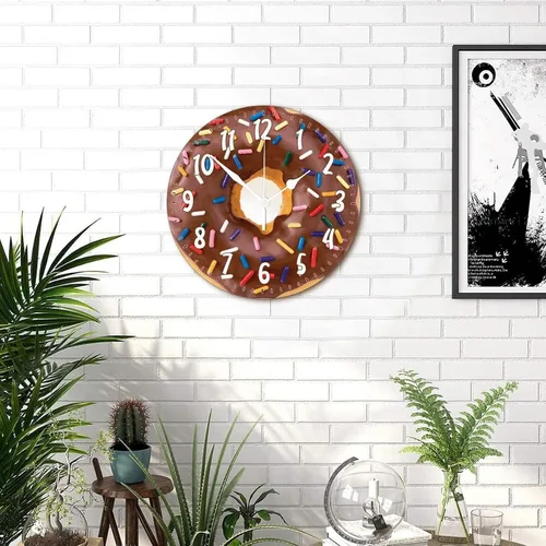 Miniatura 3 de Reloj de pared redondo de madera con forma de dona y alimento, movimiento de barrido, reloj de pared de estilo moderno, adecuado para dormitorio