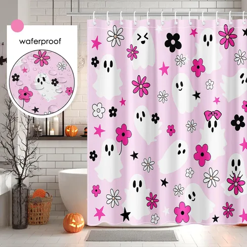 Miniatura 5 de Mocsicka Cortina de ducha rosa de Halloween, bonita decoración de baño de fantasma, cortina de ducha de fantasma floral genial, cortina de baño
