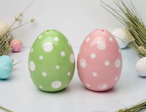 Miniatura 5 de Juego de cocteleras de sal y pimentero de huevo de Pascua rosa y verde de cerámica fina, 2-3/4 pulgadas de alto