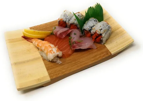 Miniatura 2 de Sashimi - Plato Geta para servir con curva de bambú para sushi, vajilla de estilo japonés, bandeja de corte de bambú (L9 X W5.9)