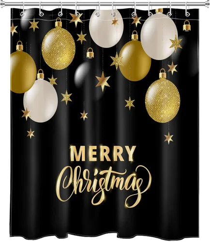 Miniatura 2 de LB Cortina de ducha de Feliz Navidad, bola de Navidad blanca y dorada sobre cortina de ducha negra para baño, 60 x 72 pulgadas, tela de poliéster