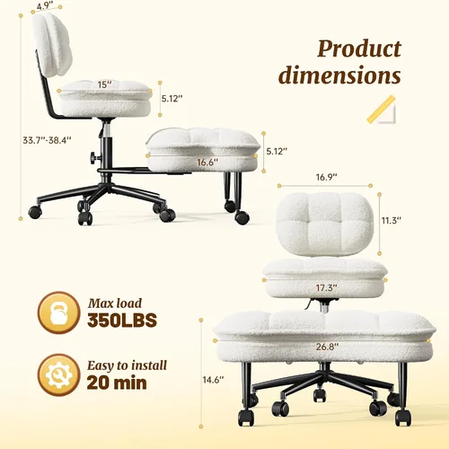 Miniatura 2 de DurayLoly Silla de oficina con patas cruzadas, giratorio 360, reposapiés plegable, cojín de felpa de doble capa de 5.12 pulgadas, altura ajustable