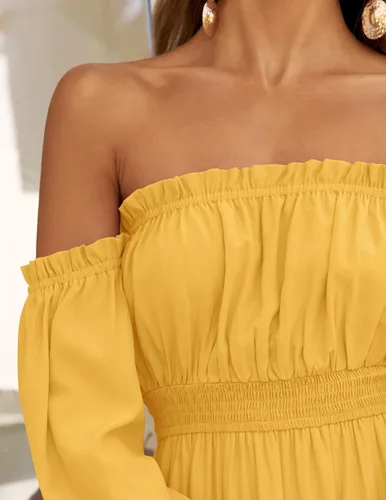 Miniatura 108 de ZESICA - Vestido largo, bohemio y sexy, con hombros descubiertos y manga larga fruncida, con elástico fruncido, cintura alta y abertura lateral